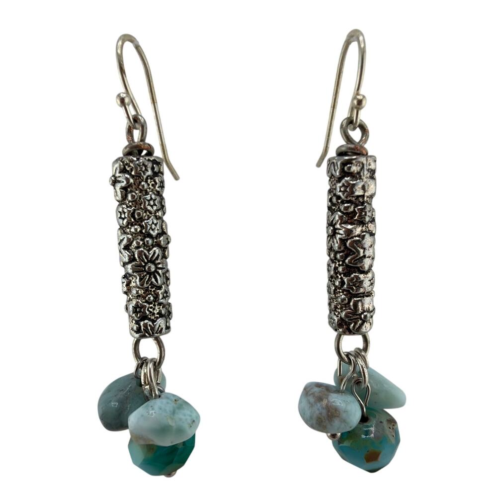 Artisan Handcrafted Larimar Czech Glass Floral Totem Dangle Earrings